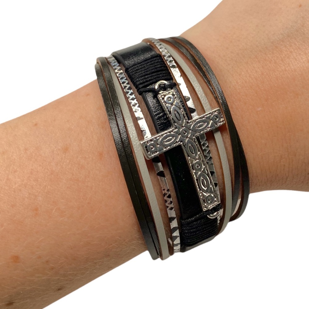 Cowgirl Silver Cross Charm Strappy Western Genuine Leather Wrap Bracelet Jewelry